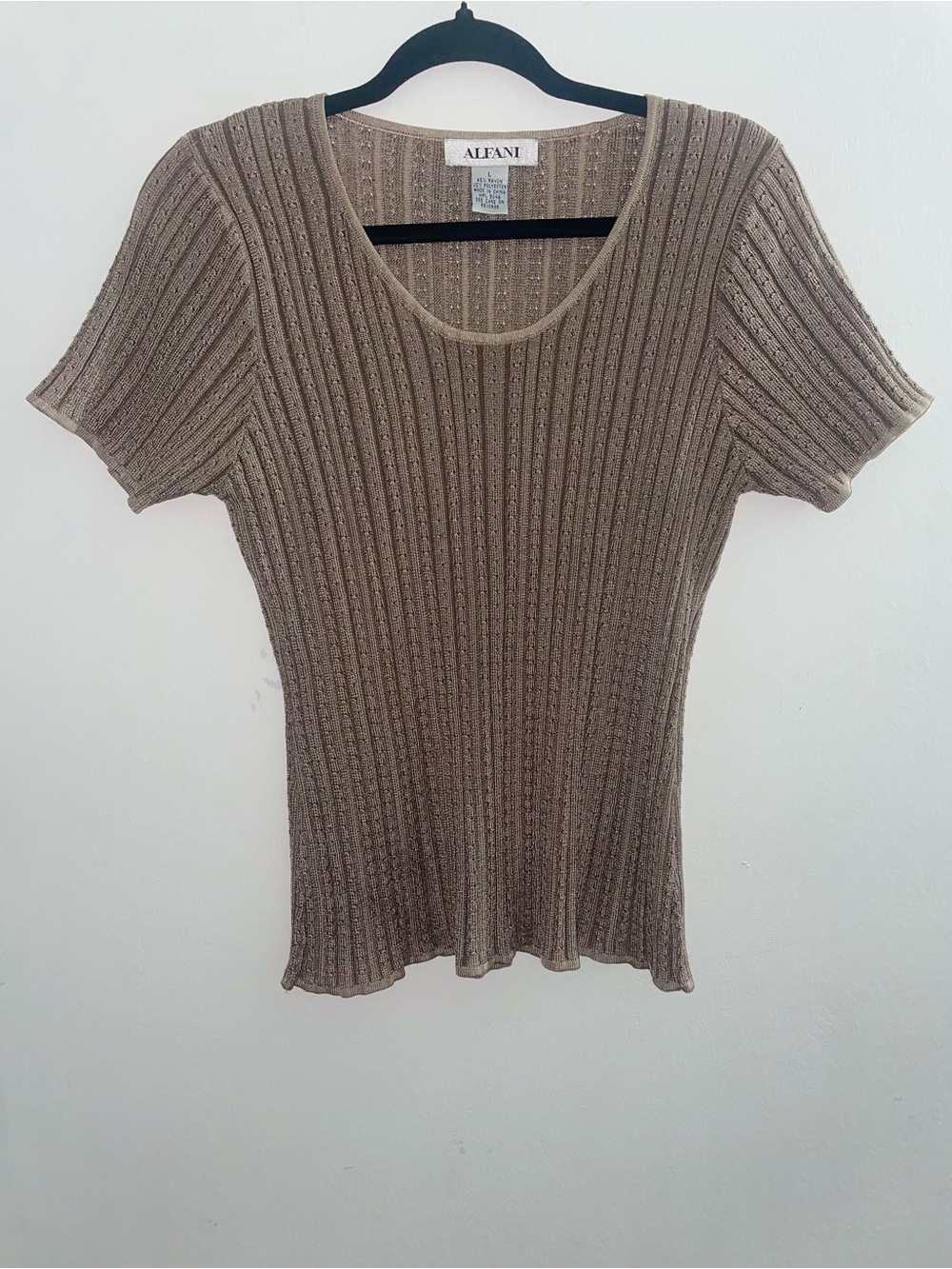 Alfani Vintage Brown Ribbed Knit Scoop Neck Short Sleeve Top Women’s Size L